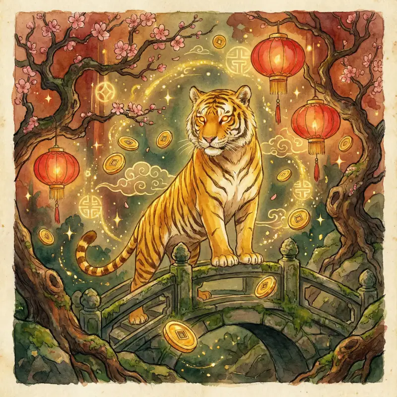 Tigre dorado de la fortuna con monedas y linternas chinas