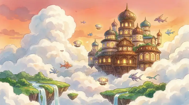 Paisaje mágico de casino flotante en las nubes estilo Ghibli